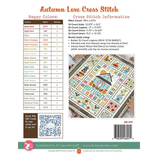 Autumn Love Cross Stitch Pattern Lori Holt of Bee in my Bonnet